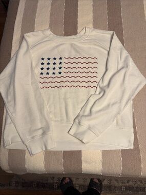 White Long-Sleeve Thermal Top with Flag Graphic